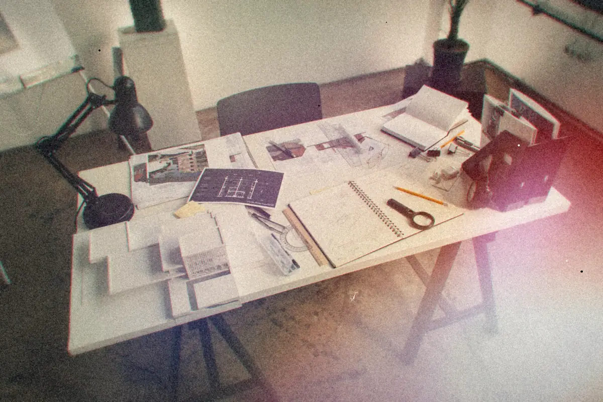 A drafting desk covered in sketches, layouts, a ruler and a black desk lamp.