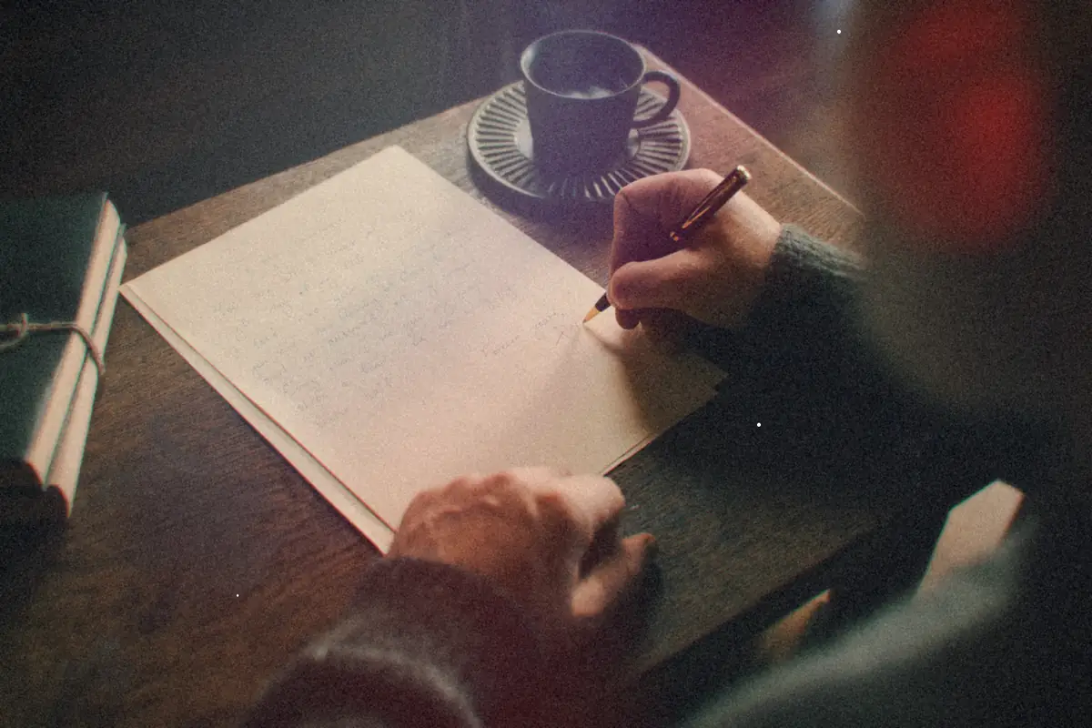 Someone writing a letter by hand at a dark wooden table with a cup of coffee.
