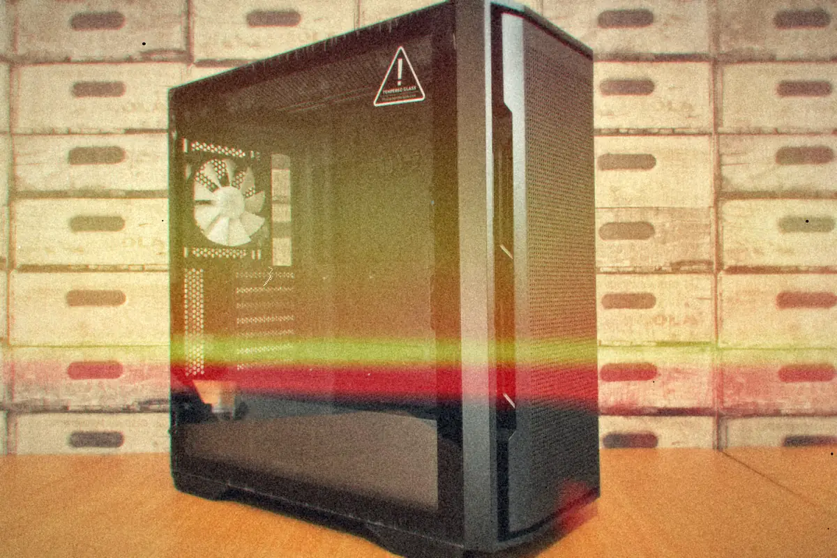 A black mid-tower PC case with a glass side panel on a wooden desk.