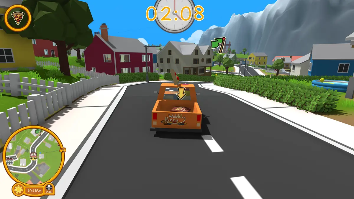 A Wobbly Life character driving a delivery truck down a suburban street, with a timer counting down.