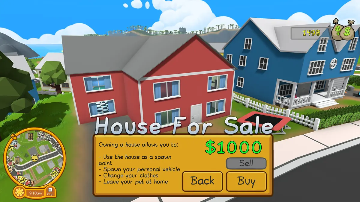 A row of colorful houses with a House For Sale sign showing the price in Wobbly Life.
