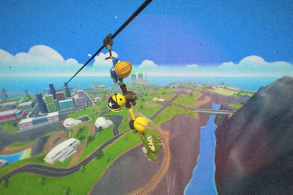 Two Wobbly Life characters riding a zipline high over a cartoon city and a river canyon.